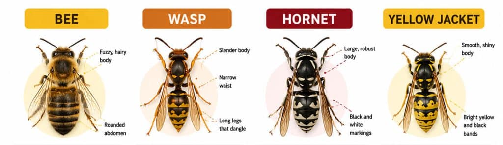 Side-by-side comparison of a bee, paper wasp, bald-faced hornet, and yellow jacket highlighting key identification features.