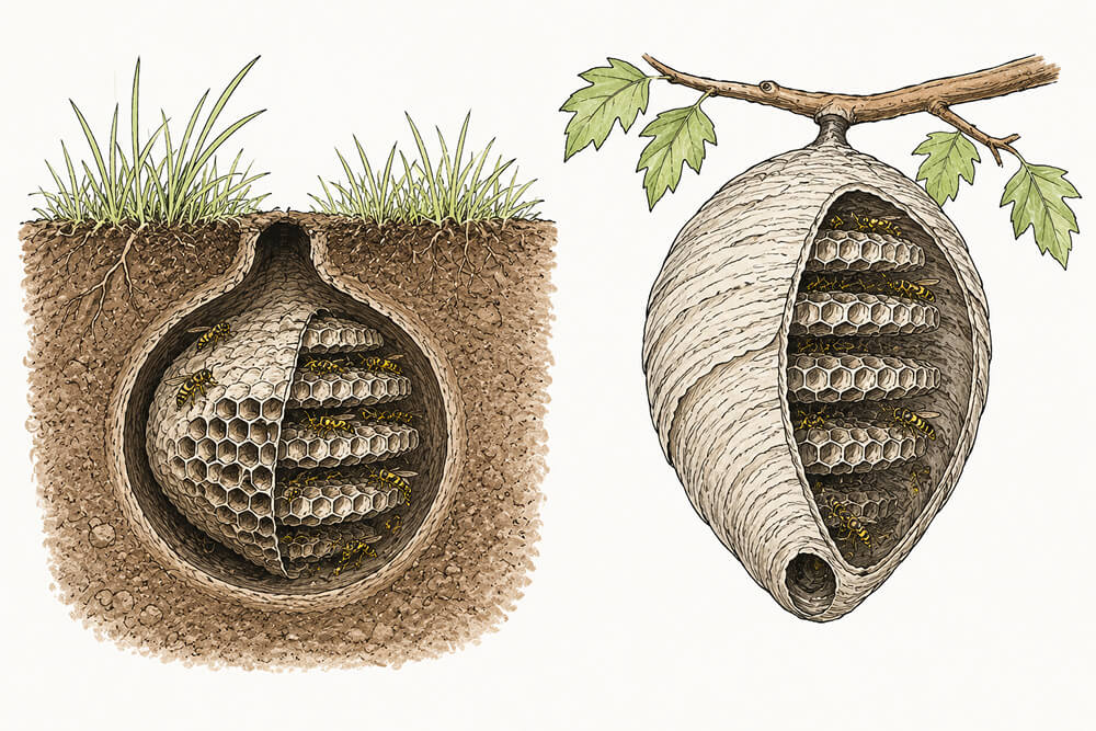 Illustration comparing cross-sections of a ground nest and an aerial paper nest used by common stinging insects.