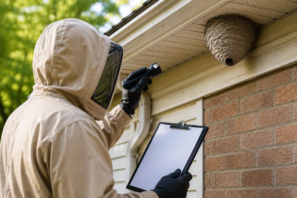 Pest control technician in protective gear inspecting a wasp nest beneath house eaves during a professional stinging insect identification and risk assessment.