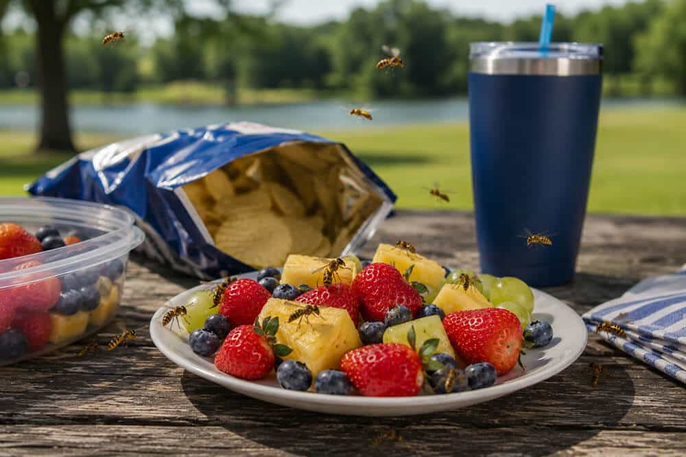 Wasps gathering around fruit, chips, and drinks on an outdoor picnic table during summer.